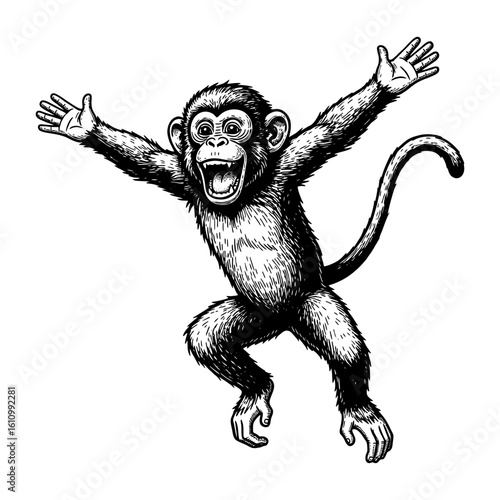 A cheerful, energetic monkey with arms outstretched and mouth open in a joyous expression, depicted in a black and white illustrative style, conveying excitement and playfulness.