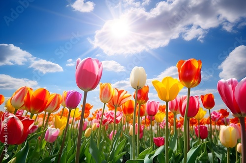 A field of tulips in various colors, creating a stunning and vibrant floral display