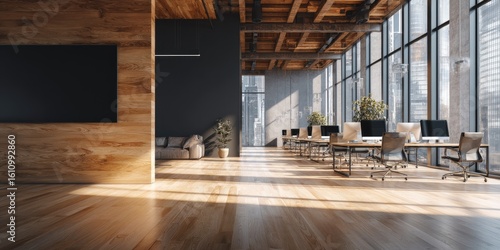 Modern open-plan office space with large windows, hardwood floors, and exposed wooden beams