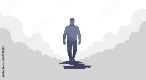A stylized minimalist illustration depicts a lone man walking forward on a fragmented path, surrounded by ethereal clouds, symbolizing a journey into an uncertain future.