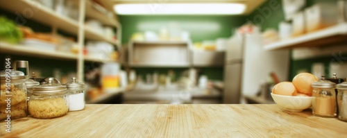 Wooden counter with jars of spices and a bowl of eggs in a blurred commercial kitchen background