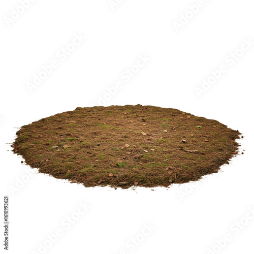 Circular patch of soil with grass and leaves on white background  