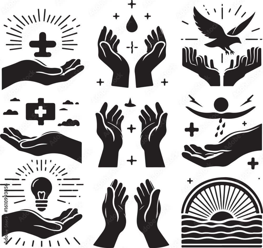 Fototapeta premium Raised Hands people silhouette Vector. Vector set of hands flat icons. Contains icons applause, handshake, high five, helping hand vector silhouette illustration 