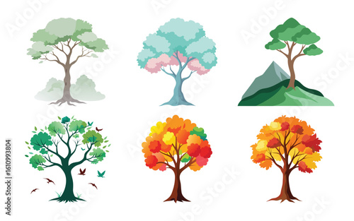 A Vector Vibrant stylized trees illustrating the four seasons; spring, summer, autumn, winter.