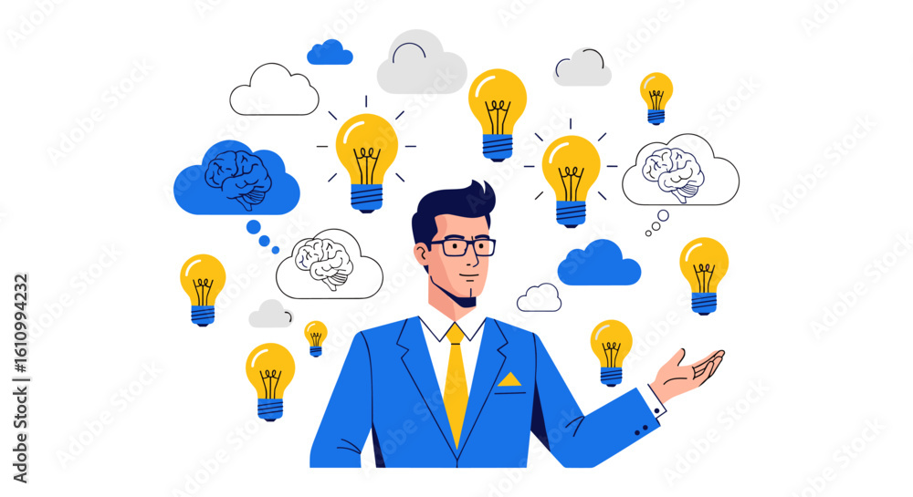 A smartly dressed man presents his innovative ideas depicted by lightbulbs and clouds with brains, showcasing creativity and problem-solving skills in business. A smartly dressed man presents his innovative ideas depicted by lightbulbs and clouds with brains, showcasing creativity and problem-solving skills in business.