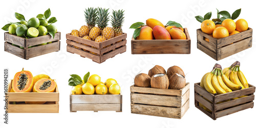 Fototapeta Naklejka Na Ścianę i Meble -  Set of boxes with various tropical fruits isolated on transparent background PNG. Mango, lemon, papaya, orange, coconut, pineapple, banana, lime