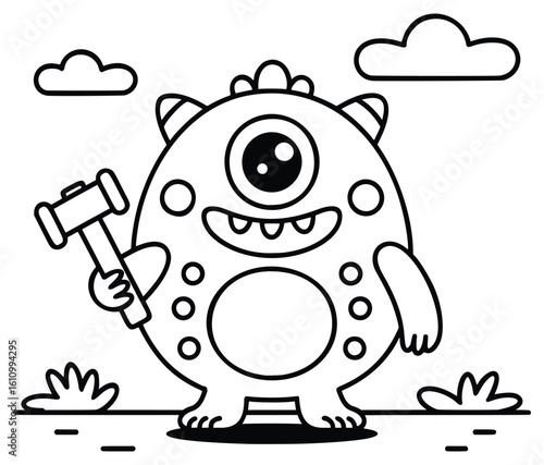 Monster with Hammer Illustration: A cute, one-eyed monster with a playful expression, proudly holding a hammer. A cheerful illustration for a variety of creative projects.