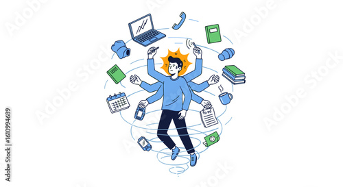 A dynamic illustration portrays a person with numerous arms skillfully managing a whirlwind of tasks, representing modern work-life balance and efficiency.