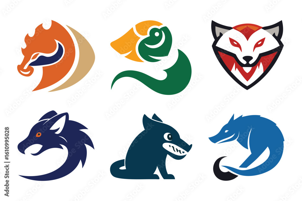 Fototapeta premium Vector art of a vibrant assortment of animal head logos isolated on white background embodies creativity