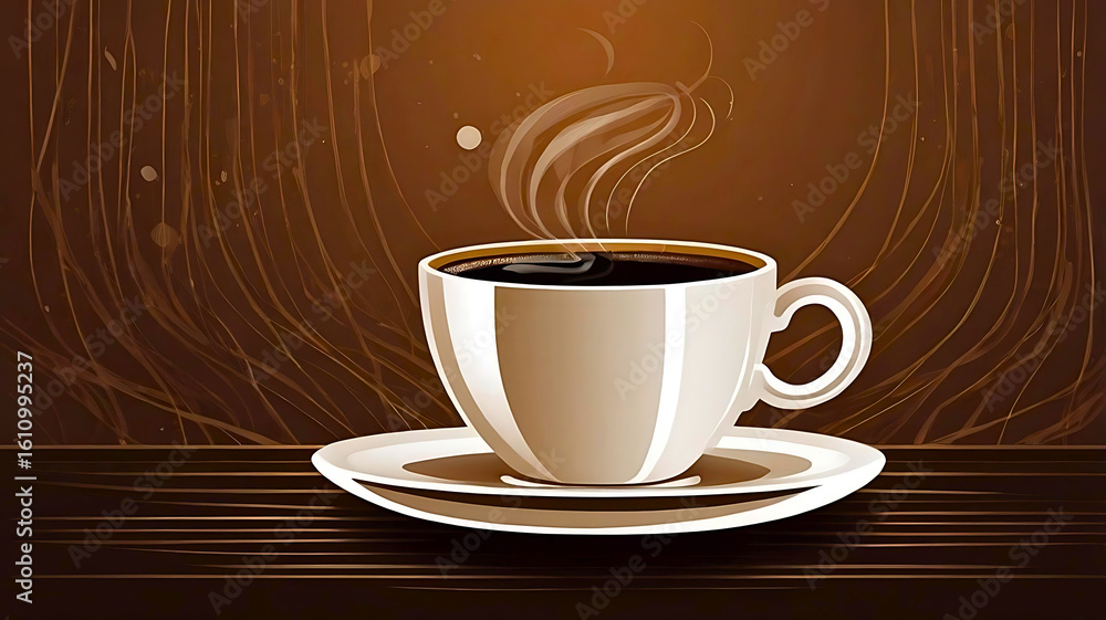 Obraz premium Steaming Coffee Cup on Saucer with Coffee Bean Design on Brown Background - Hot Beverage, Cafe, Morning Drink, Warmth