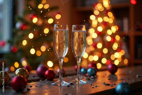 Champagne glasses toasting with sparkling decorations for Christmas  