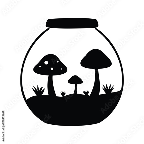 Black and white illustration of mushrooms in a terrarium with grass