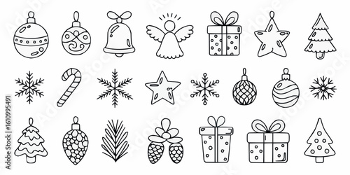 Hand Drawn Black and White Christmas Illustrations Set with Various Elements and Styles