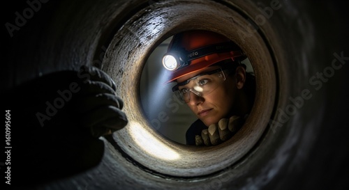 Fototapeta Naklejka Na Ścianę i Meble -  Diligent female engineer worker inspecting a dark industrial pipe or tunnel with headlamp in a confined space.