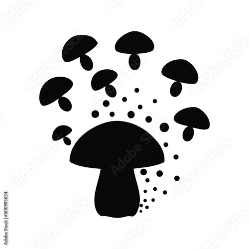 Mushroom family in black silhouette with spores floating around them