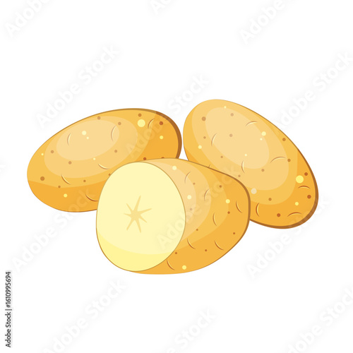 set of whole and cut potatoes isolated on white background.