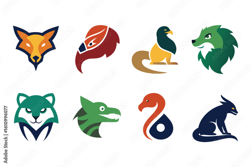 Fototapeta premium Vector art of various colorful animal head logos are isolated on a white background for design projects
