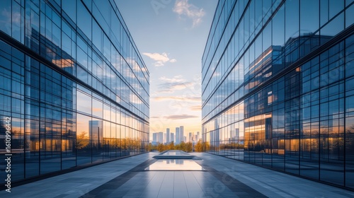 Ultra-modern office complex with a reflective glass facade smooth geometric architecture reflections of a futuristic skyline