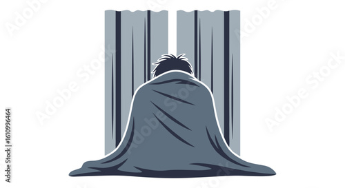 A person sits alone, wrapped in a blanket, facing a window with parted curtains, conveying feelings of solitude, introspection, or a need for comfort.