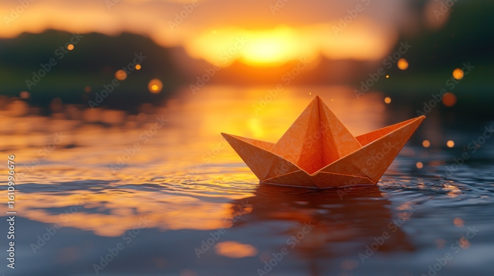 Obraz premium Paper boat sails on calm water at sunset, shimmering