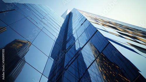 Ultra-modern office tower with a reflective glass facade sharp-edged architecture clean surfaces reflecting a futuristic cityscape