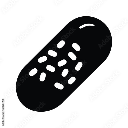 Black and white illustration of a capsule shaped container holding many smaller objects