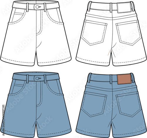 Minimalist Denim Shorts Collection: Four Stylish Designs with Button and Belt Loop Details