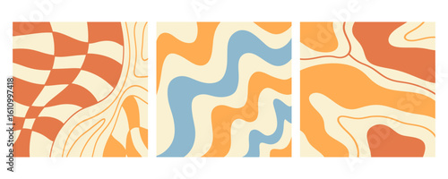 Distorted wavy retro patterns background set