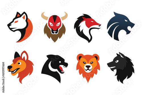 Vector art of a collection of animal head logos featuring wolves, foxes, bears, and bulls isolated on white background