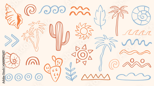 Tropical summer vector doodle illustration set