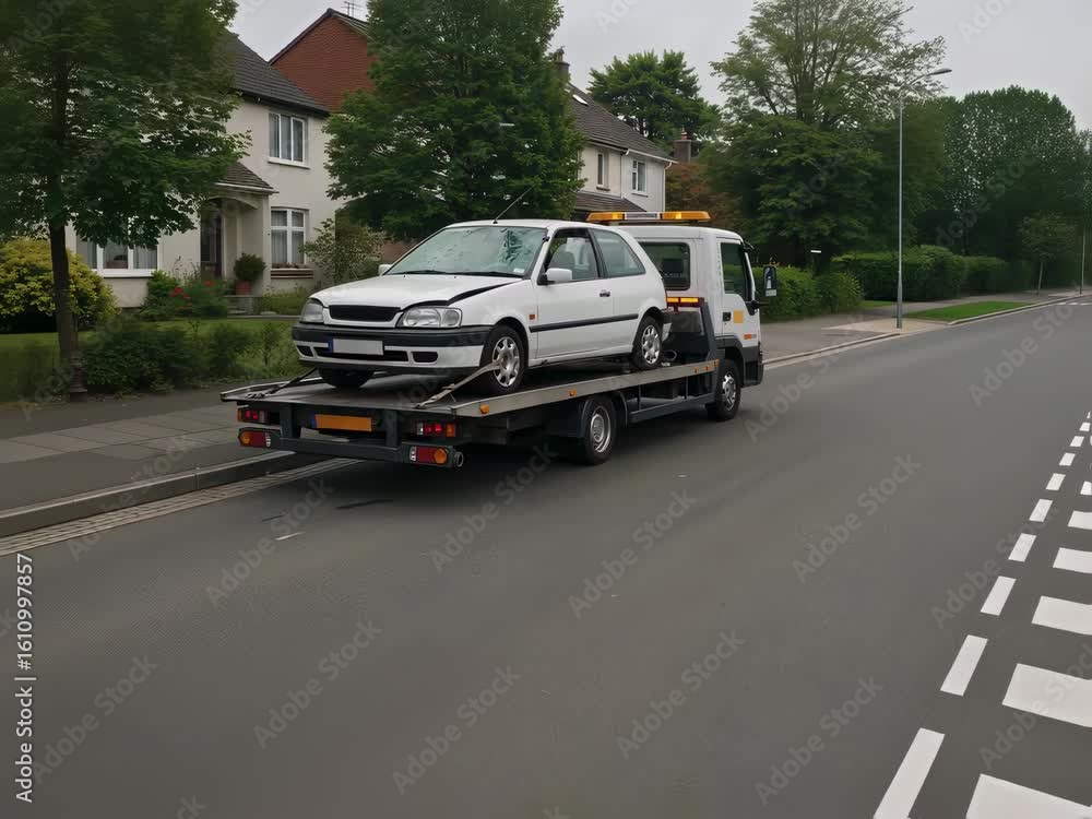 White car with front end damage being towed on a flatbed tow truck on a suburban street, roadside assistance footage. White car with front end damage being towed on a flatbed tow truck on a suburban street, roadside assistance footage.