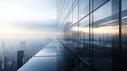 Ultra-modern office tower with a reflective glass facade sharp-edged architecture clean surfaces reflecting a futuristic cityscape