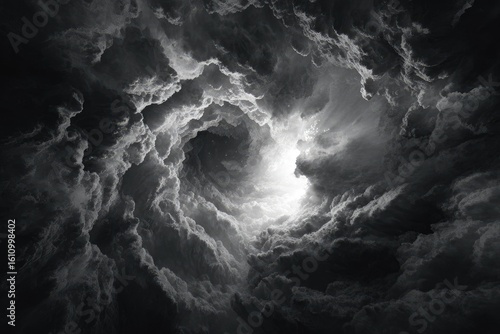 Dark clouds swirl inward, revealing a light source