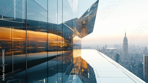 Ultra-sleek futuristic office building with a reflective glass facade bold innovative architectural elements hyper- reflections of the city skyline clean