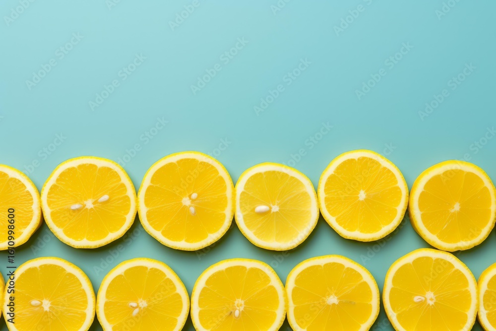 Fototapeta premium Fresh lemon slices arranged in a row at the bottom, creating a vibrant contrast against a teal backdrop