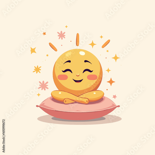 Cute sun character meditating on a pillow, a vector graphic for wellness and positive energy