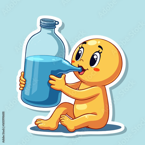 A thirsty cartoon baby happily drinking water from a giant bottle illustration.