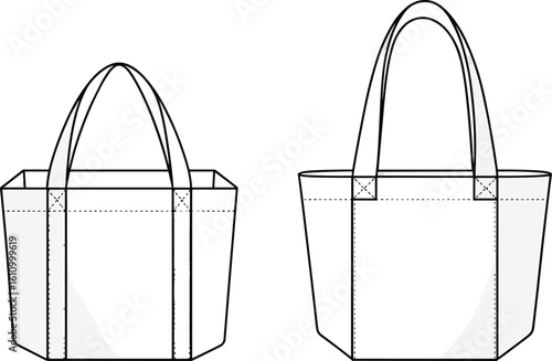 CAD drawing flat vector illustration of structured tote bags design, detailed stitching, front and back views, fashion template, sewing layout, accessory