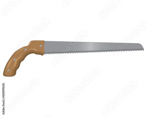 vector design of a manual hand saw tool for cutting wood. The design is like a Japanese saw or a pull saw because of its sharp teeth for precision cutting.
