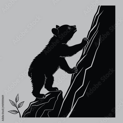 Baby Bear Climbing Rock Silhouette vector design art and illustration