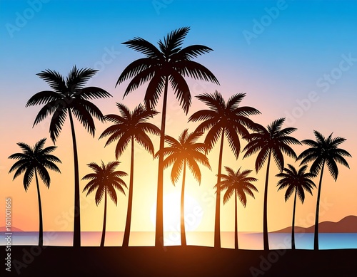 Silhouetted palm trees at sunset over the ocean