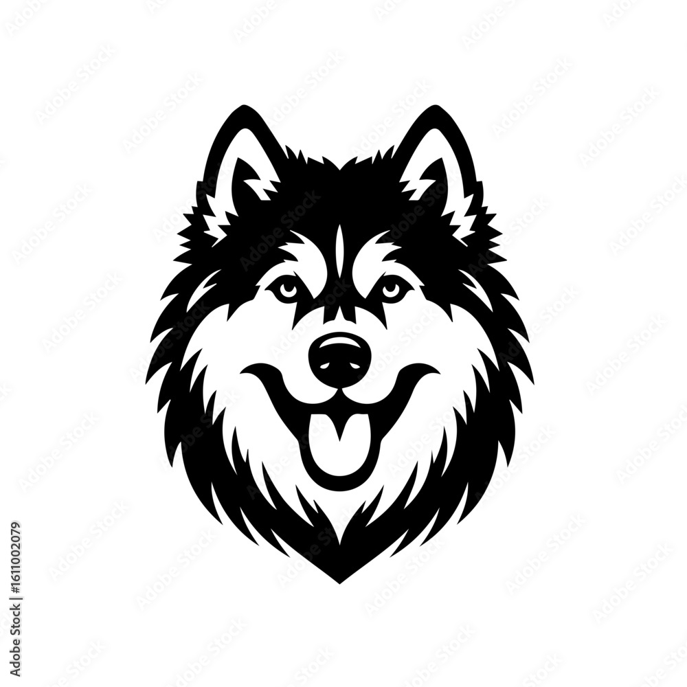 Fototapeta premium A black and white illustration of a happy husky dogs face