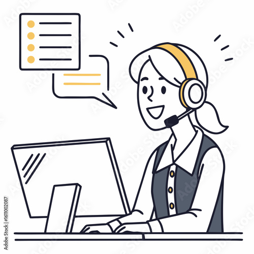 customer service representative,Vector illustration of a customer service agent with headset answering calls,computer setup with chat messages,support concept,flat style.
