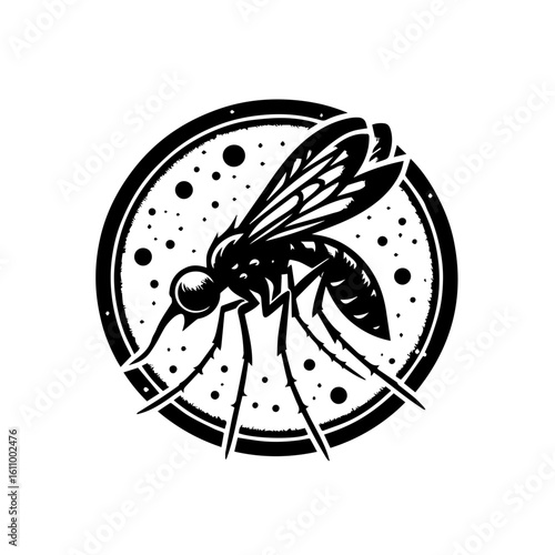 A stylized black and white illustration of a mosquito