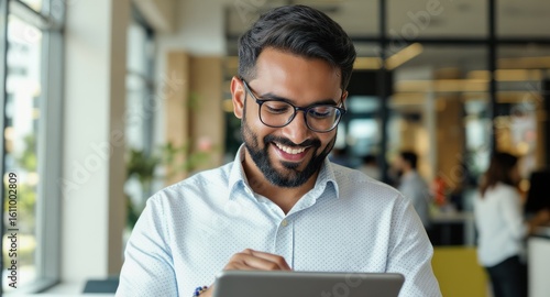 Smiling man uses tablet in bright office setting
