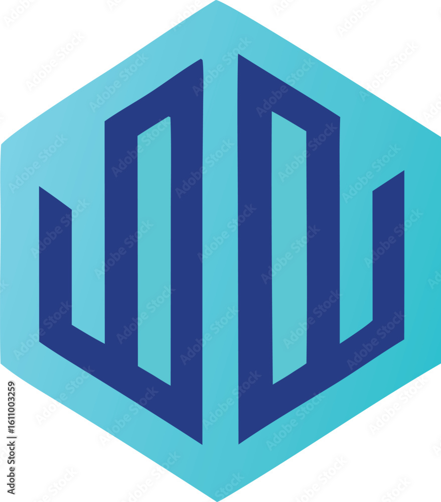 Geometric abstract logo design featuring interlocking blue lines forming a stylized monogram on a cyan hexagonal background Geometric abstract logo design featuring interlocking blue lines forming a stylized monogram on a cyan hexagonal background