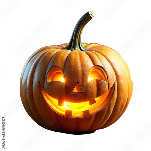A glowing, carved halloween jackolantern with a spooky grin, illuminated from within, isolated on a transparent background