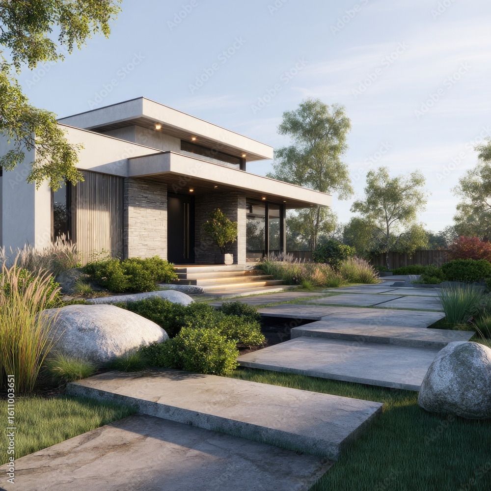 Naklejka premium Modern house with landscaped yard. Sunlight on a contemporary home, stone and concrete pathway, and lush greenery