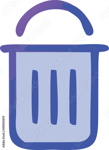 A simple stylized watercolor illustration of a blue trash can with a purple handle representing deletion or removal in a digital context