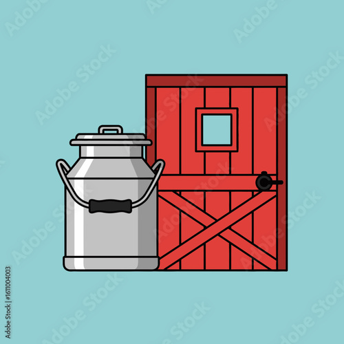 Milk can and red barn door illustration on a light blue background.